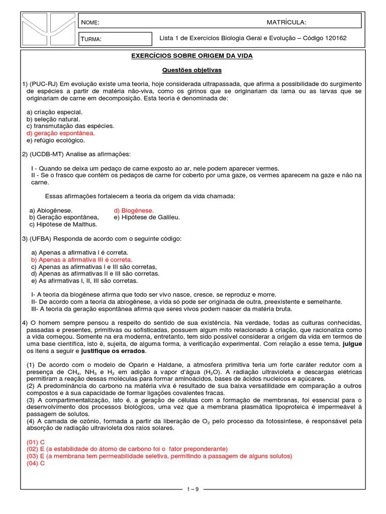 Gabarito Exercícios Origem Da Vida | PDF | Abiogênese | Organismos