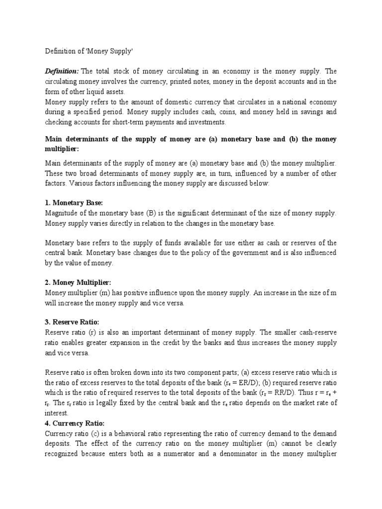 Definition The Total Stock of Money Circulating in An Economy Is The