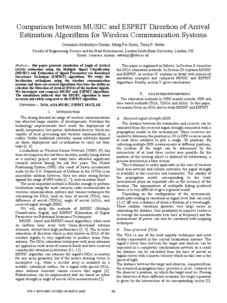 Comparison Between MUSIC and ESPRIT Direction of Arrival | PDF | Global ...