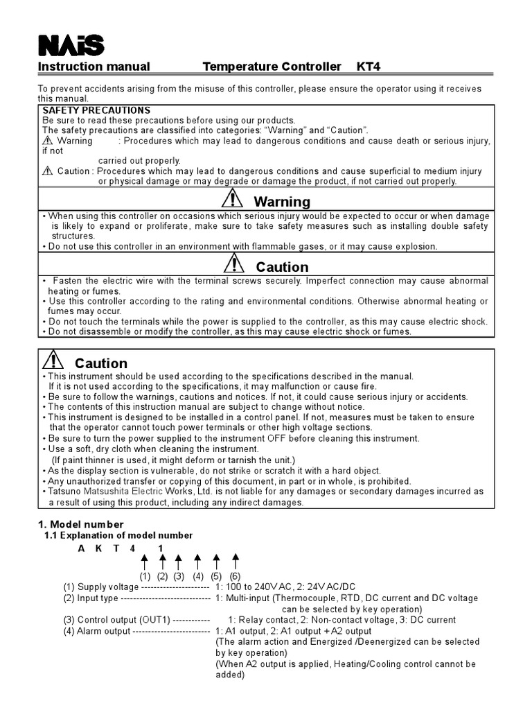 KT4 Temperature Controller Manual | PDF | Relay | Power Supply