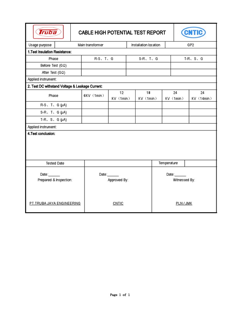 Cable High Potential Test Report: Page 1 of 1 | PDF