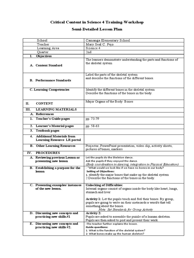 Grade 4 Skeletal System Lesson Plan | PDF | Skeleton | Bone