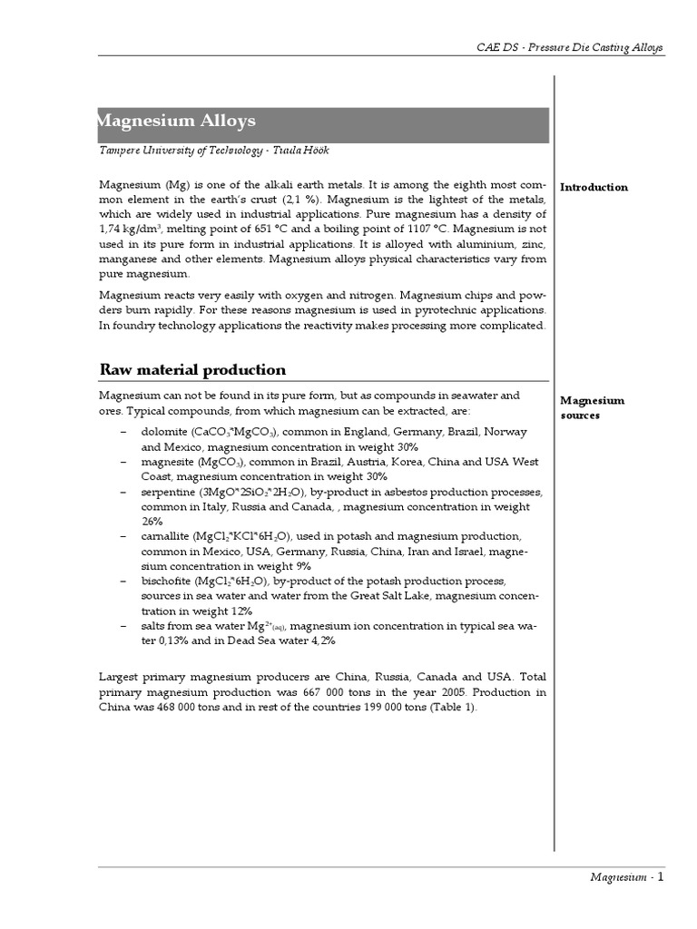 Magnesium Alloys: Raw Material Production | PDF | Magnesium | Alloy