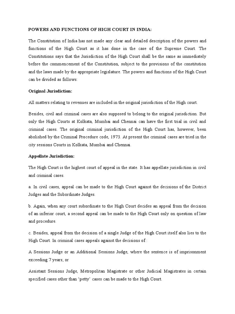Powers and Functions of High Court in India | PDF | Judge | Appeal