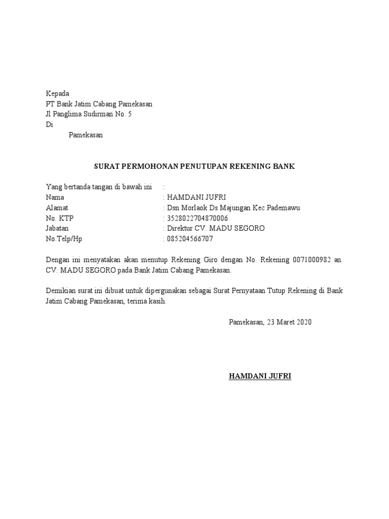Surat Permohonan Penutupan Rekening Bank Perusahaan Pdf