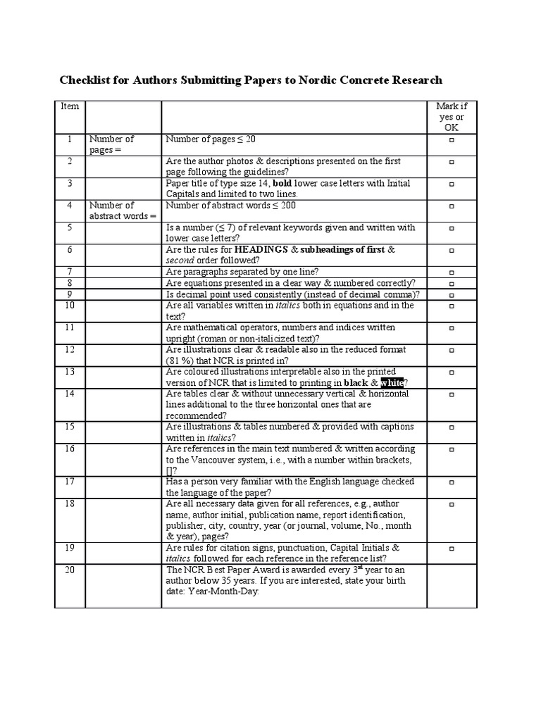 Checklist For Authors Submitting Papers To Nordic Concrete Research ...