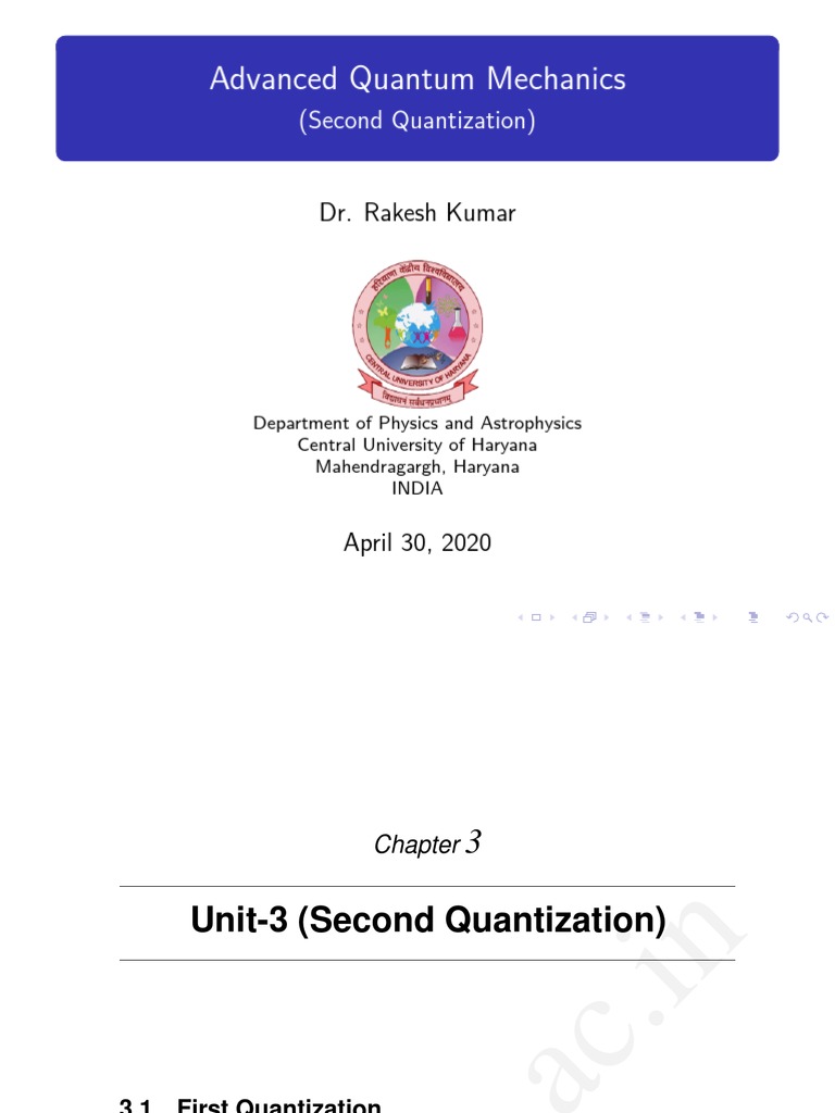 Advanced Quantum Mechanics (Second Quantization) PDF Quantization