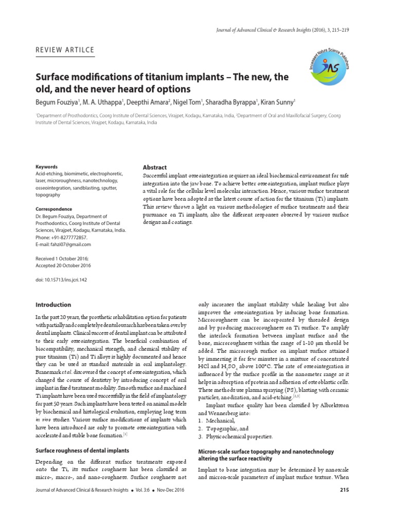 Implant Surface Modifications PDF Dental Implant Titanium