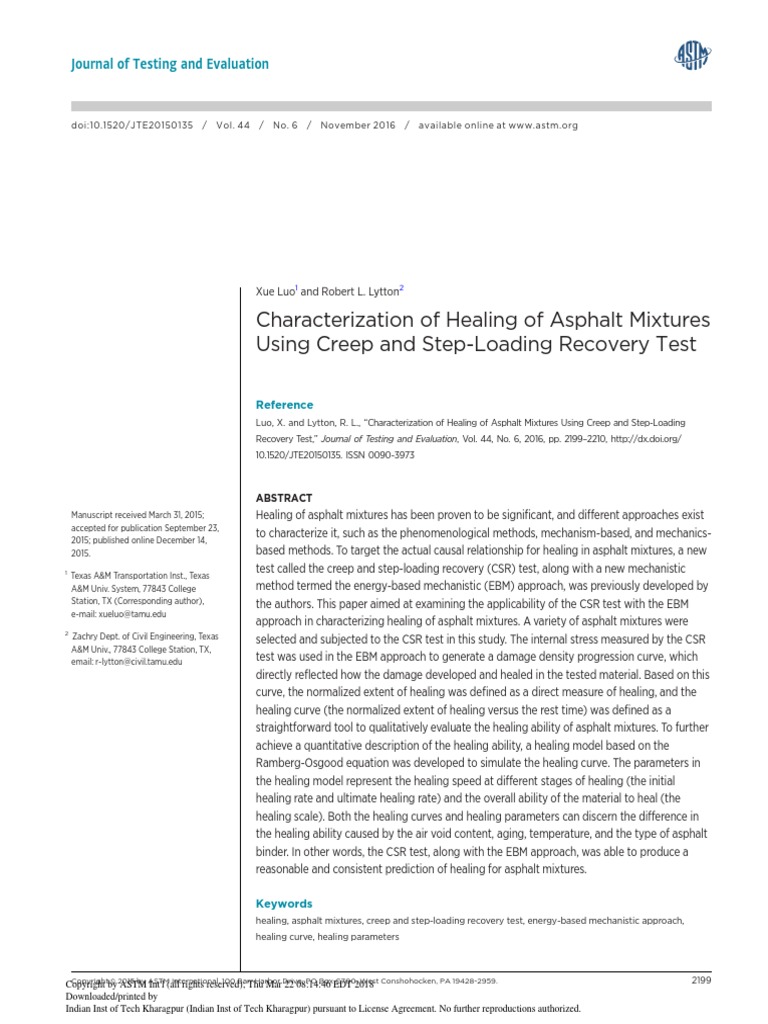 Healing of Asphalt Mixes Using Creep and Step Load Recovery | PDF ...