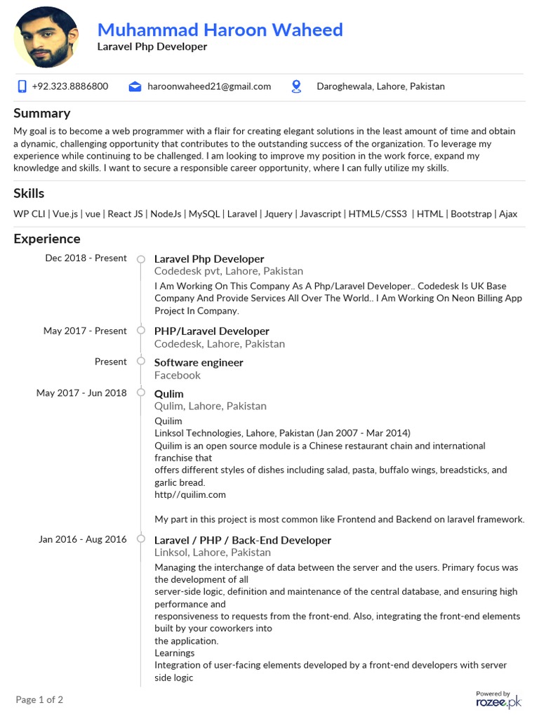 Laravel PHP Developer Resume | PDF | Php | Web Application