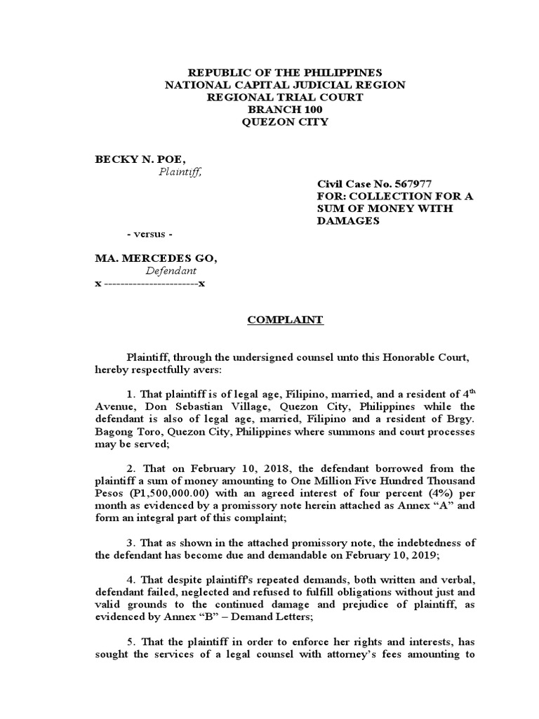 Complaint For Sum of Money | PDF | Legal Remedy | Lawsuit