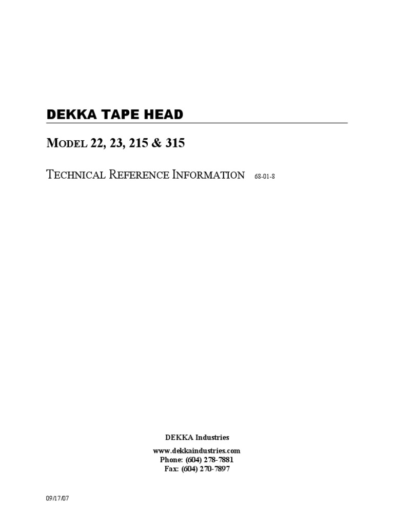 Dekka 2223215 Technical Reference Sept 0768018 PDF Knife Blade