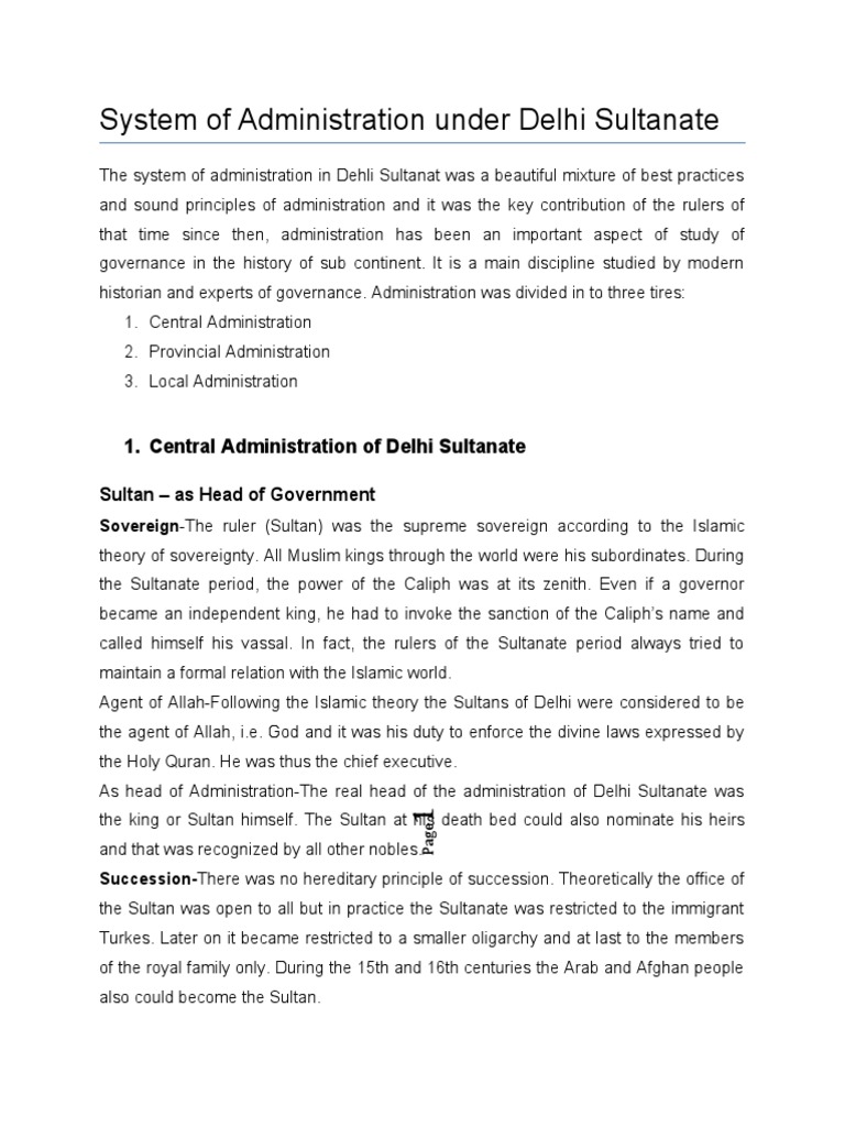 The Delhi Sultanate Administration System Sultan Caliphate