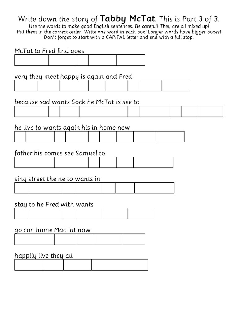 Tabby McTat (Part 3 of 3) Jumbled Up Sentences Worksheet PDF