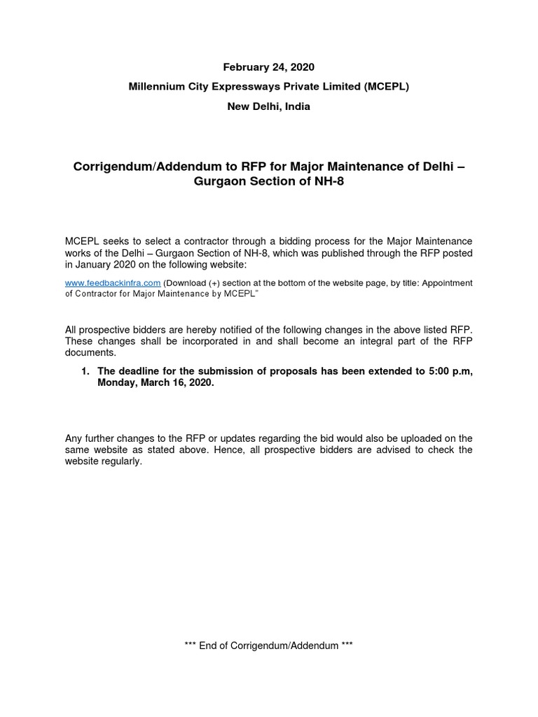 Corrigendum/Addendum To RFP For Major Maintenance of Delhi - Gurgaon ...