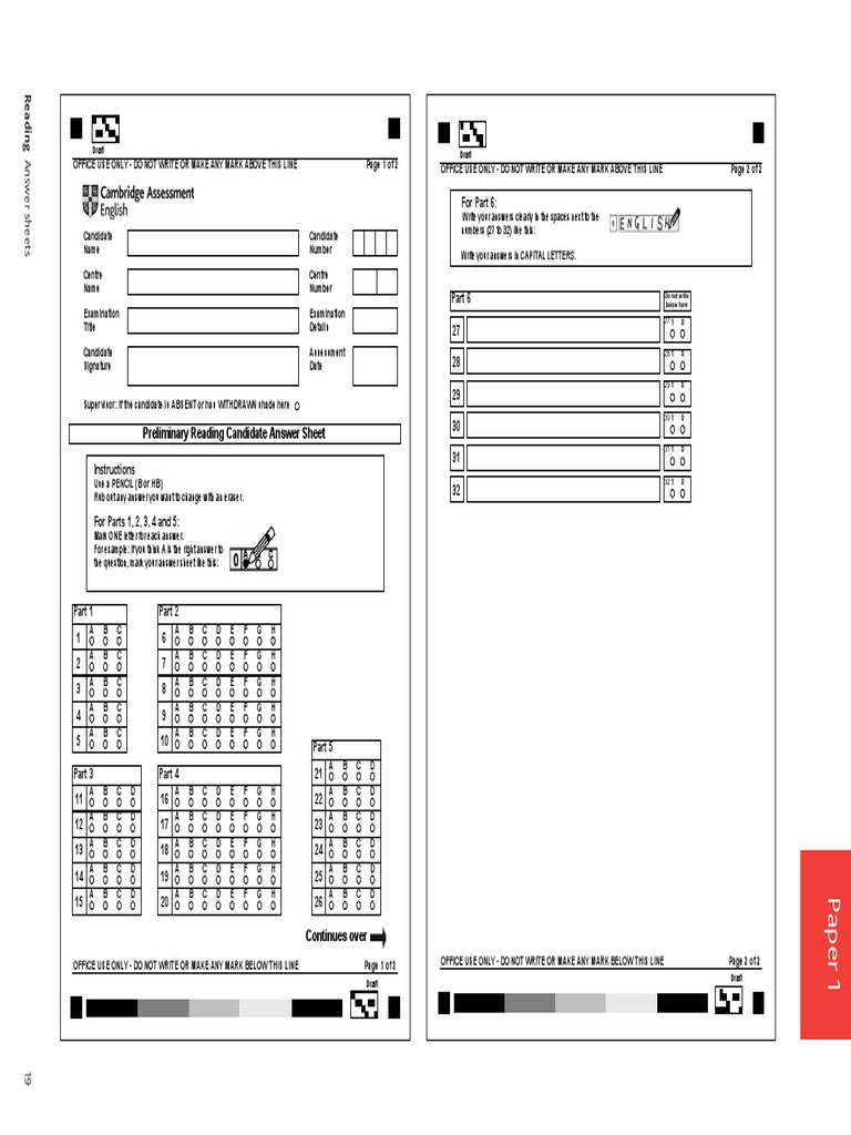 PET Reading Answer Sheet Template | PDF