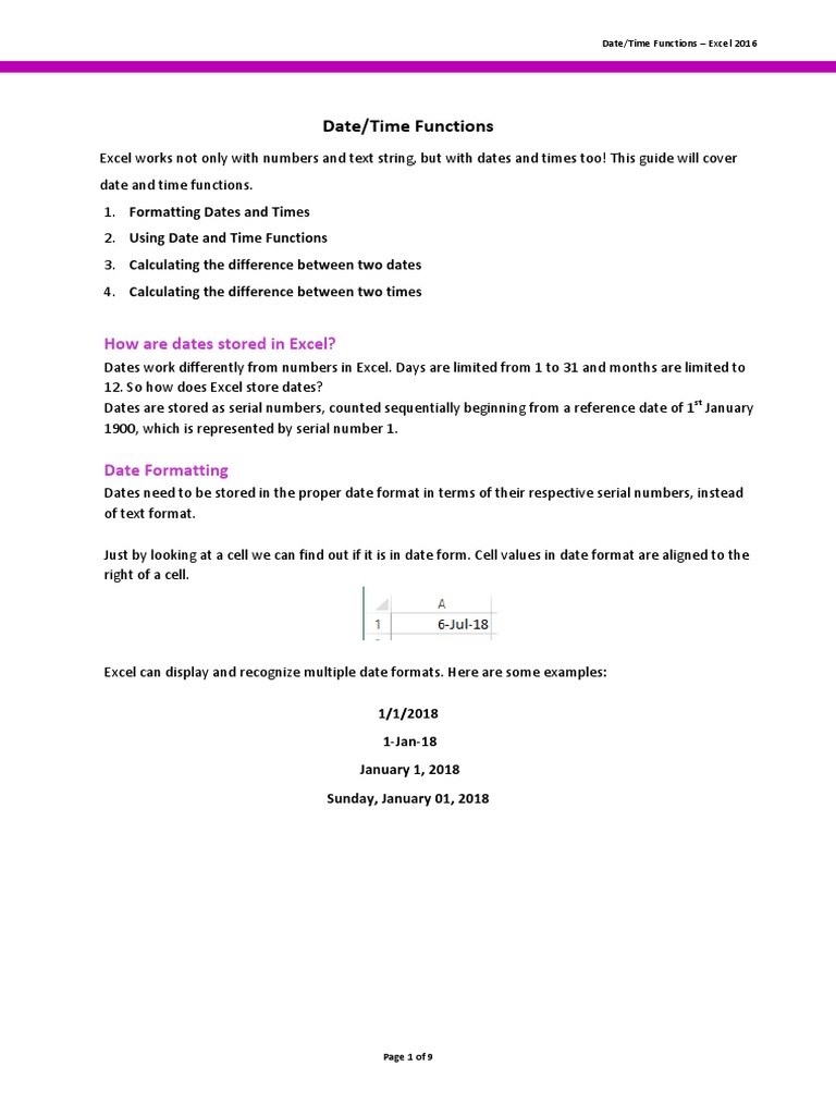 Date/Time Functions How Are Dates Stored in Excel? PDF Microsoft