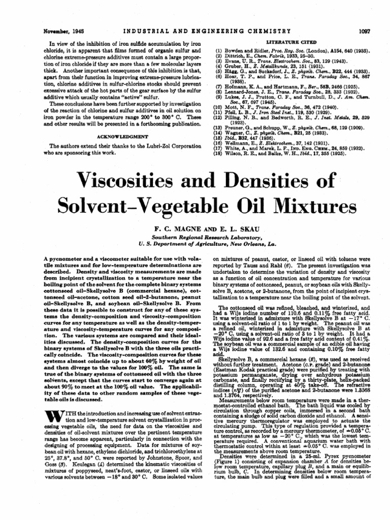 1945 Viscosities and Densities of SolventVegetable Oil Mixtures