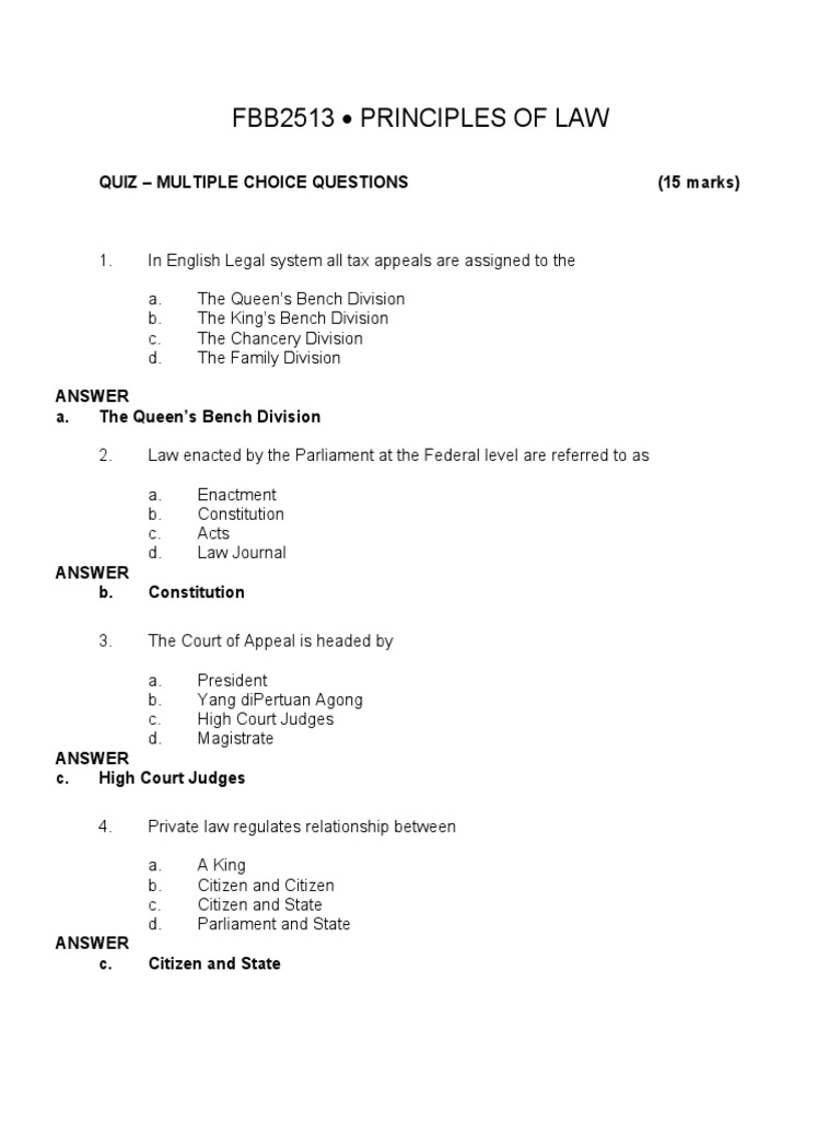 FBB2513 Principles of Law Quiz Multiple Choice Questions (15 Marks