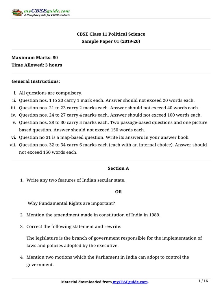 Cbse Class 11 Political Science Sample Paper 01 2019 20 Material