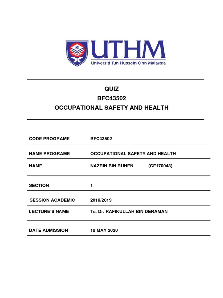 Occupational safety and health quiz risk assessment PDF Personal