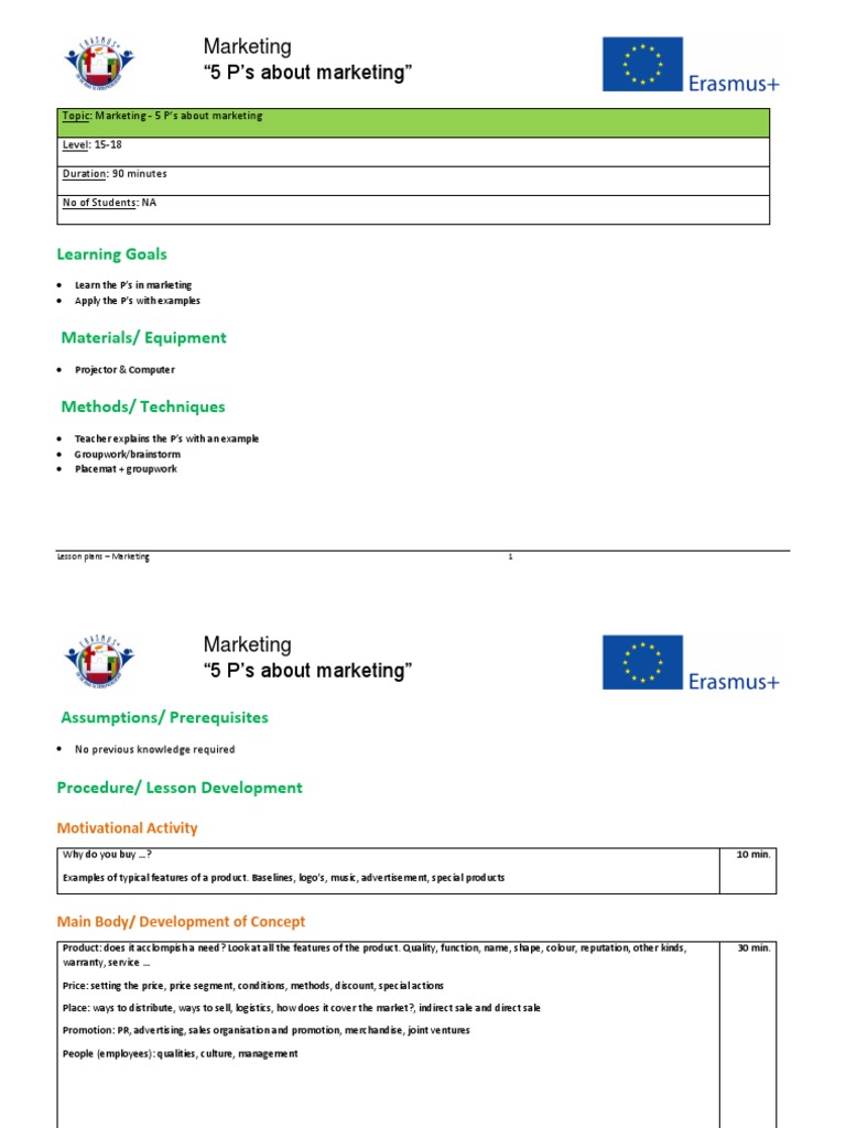 5 P's of Marketing Lesson Plan | PDF | Lesson Plan | Marketing