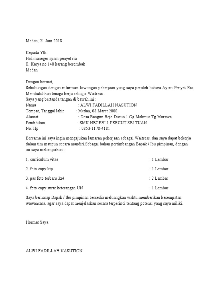 Surat Lamaran Kerja Ayam Penyet Ria Docx Bak Pdf