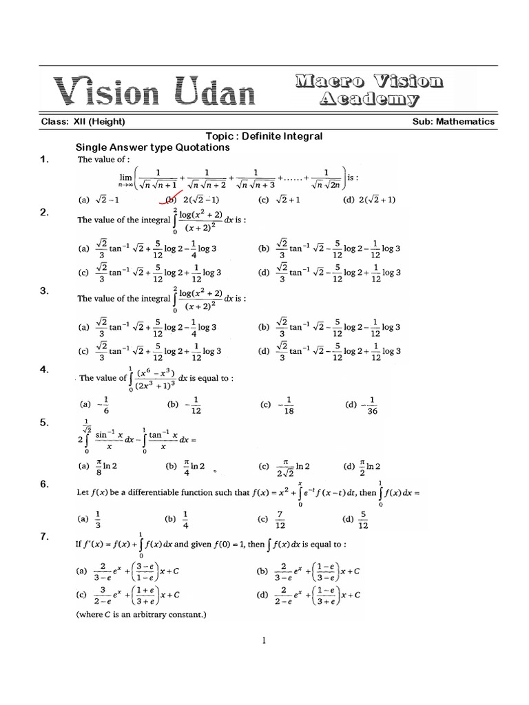 Definite Integral Practice Questions | PDF