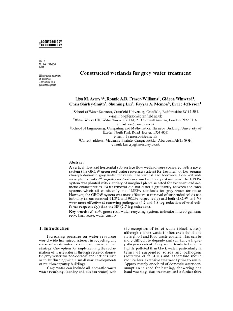 Constructed Wetlands For Grey Water Treatment PDF Wastewater