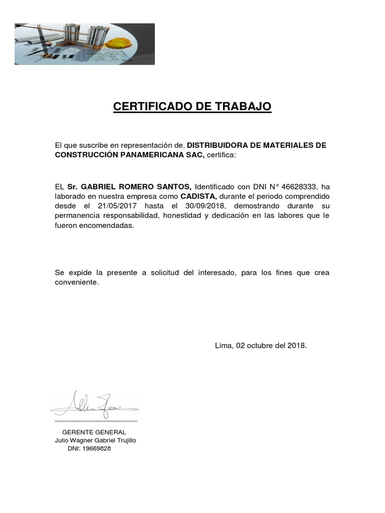 Certificado De Trabajo Distribuidora De Materiales