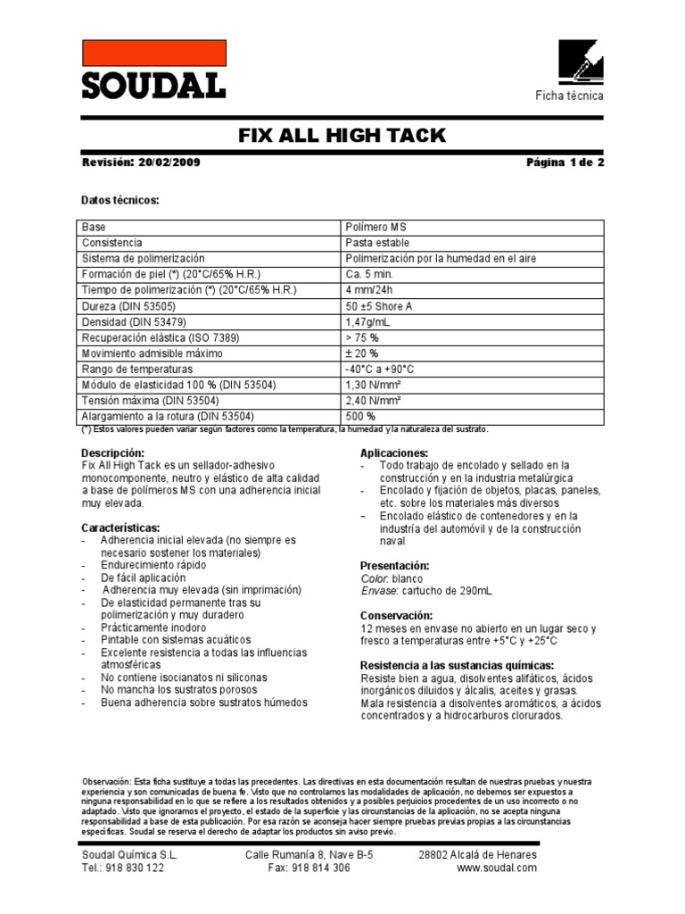 Ficha Técnica de Fix All High Tack | PDF | Polímeros | Química
