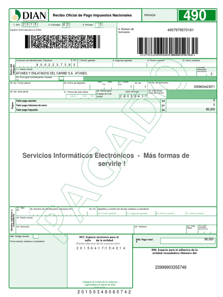 Recibo Oficial de Pago DIAN 490 | PDF | Business