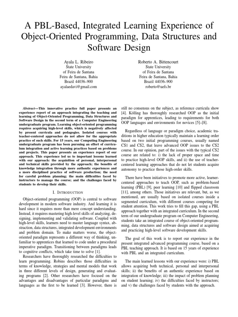 A PBL-Based, Integrated Learning Experience of Object-Oriented ...