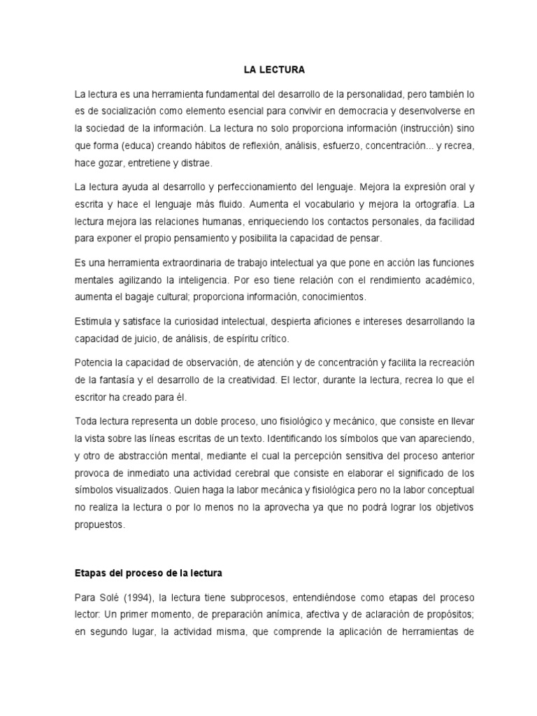 Importancia y Proceso de la Lectura | PDF | Comprensión lectora ...