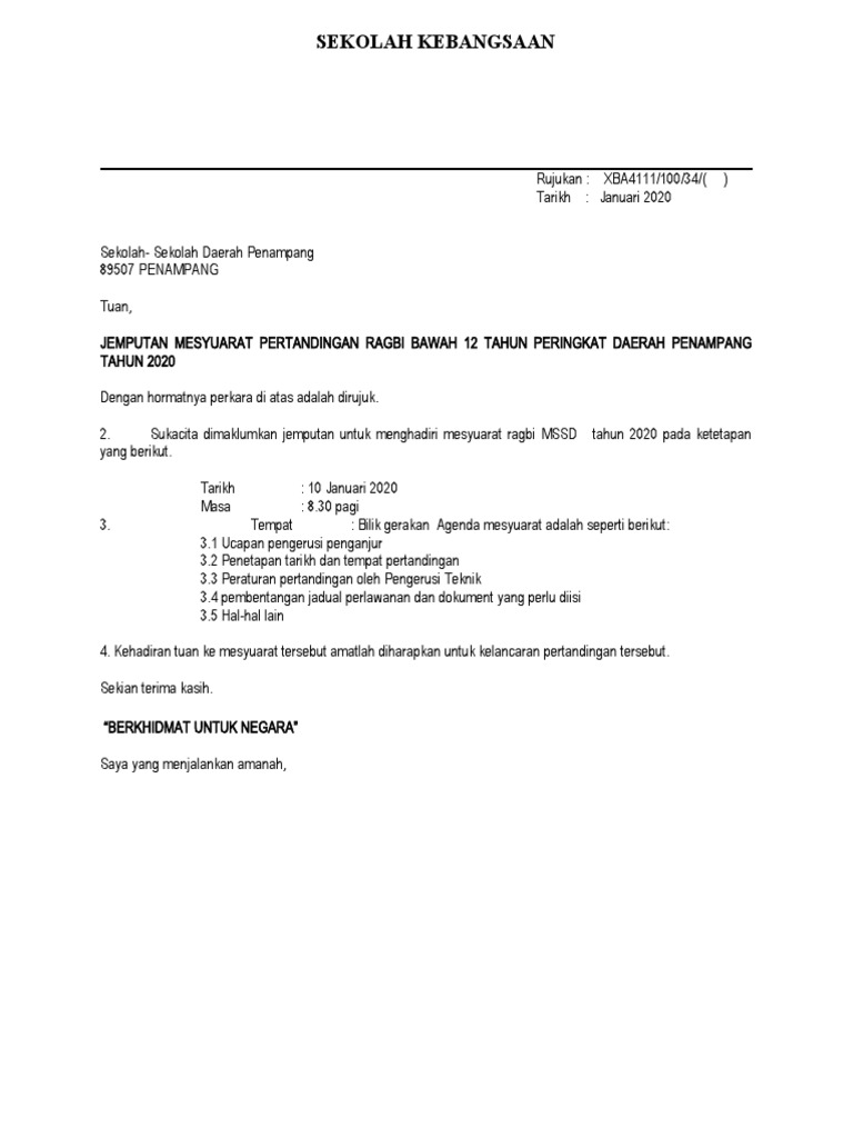 Contoh Surat Penetapan Tairkh Jadual Mesyuarat Bulanan