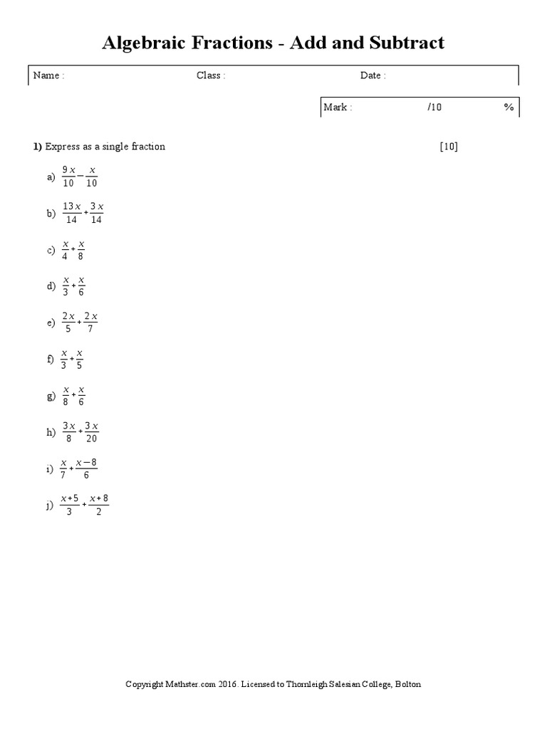 Algebraic Fractions - Add and Subtract - 3 | PDF