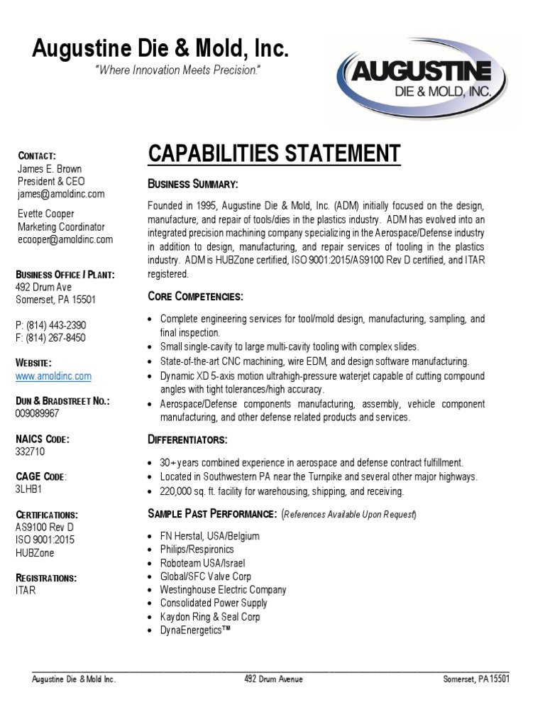 Augustine Die & Mold, Inc.: Capabilities Statement | PDF | Machining ...