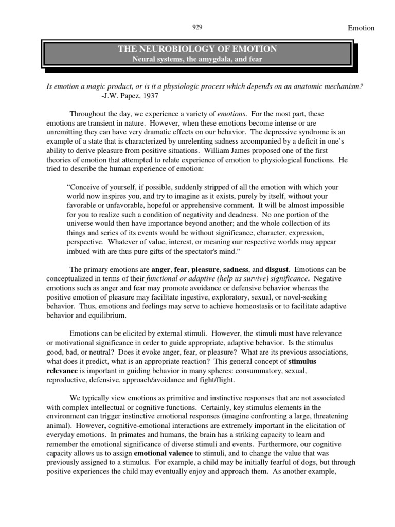 The Neurobiology of Emotion Neural Systems The Amygdala and Fear | PDF ...