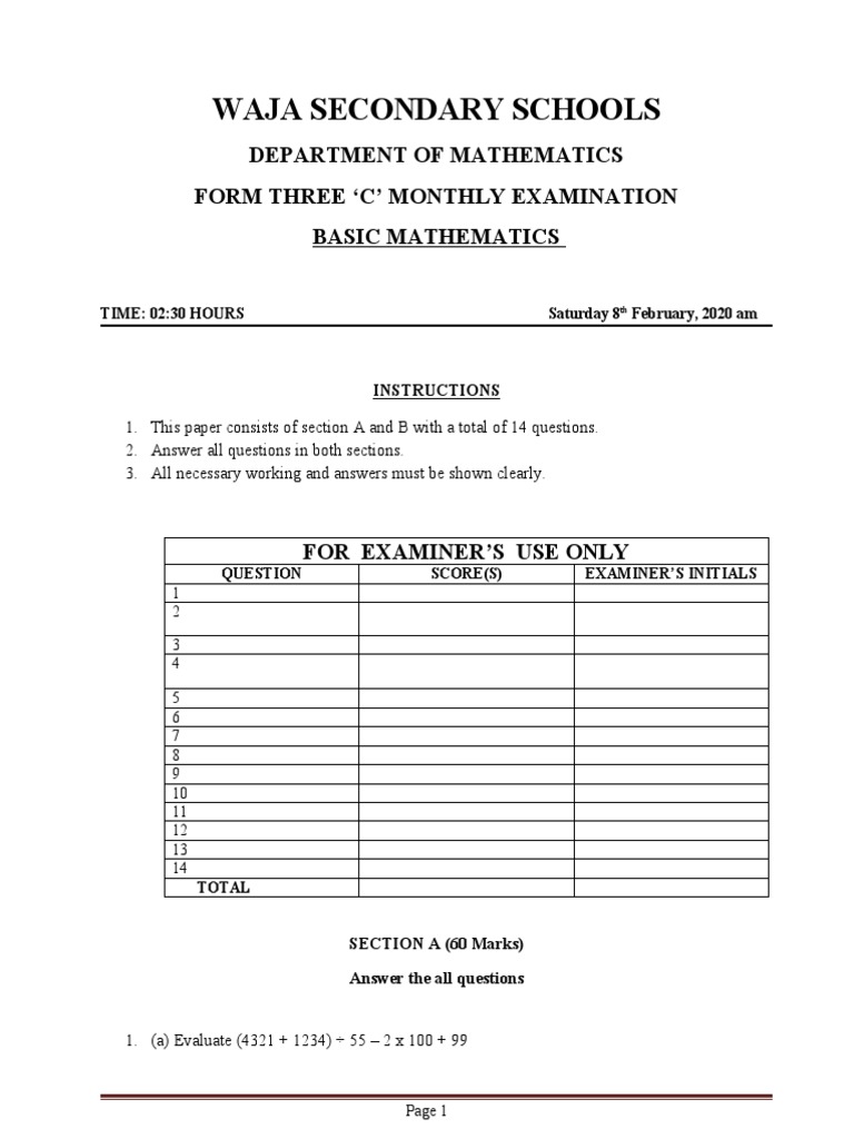 Form Three Mathematics Exam Paper | PDF | Mean | Teaching Mathematics