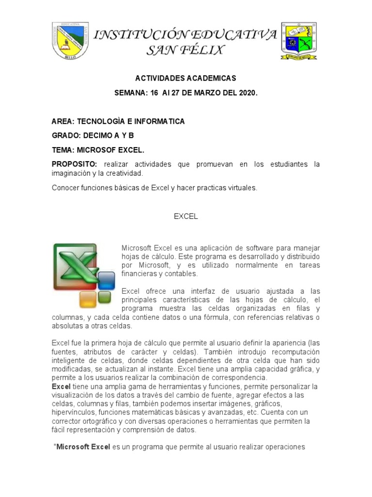 Actividades de Excel para Décimo Grado | PDF | Microsoft Excel ...