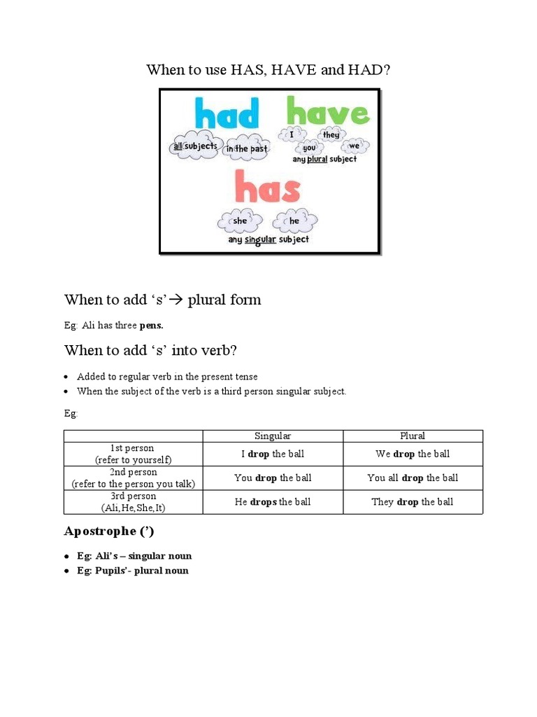Guide to Using HAS, HAVE, HAD, and Articles | PDF
