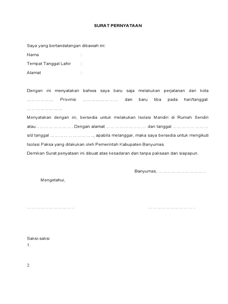 Surat Pernyataan Isolasi Mandiri Covid 19