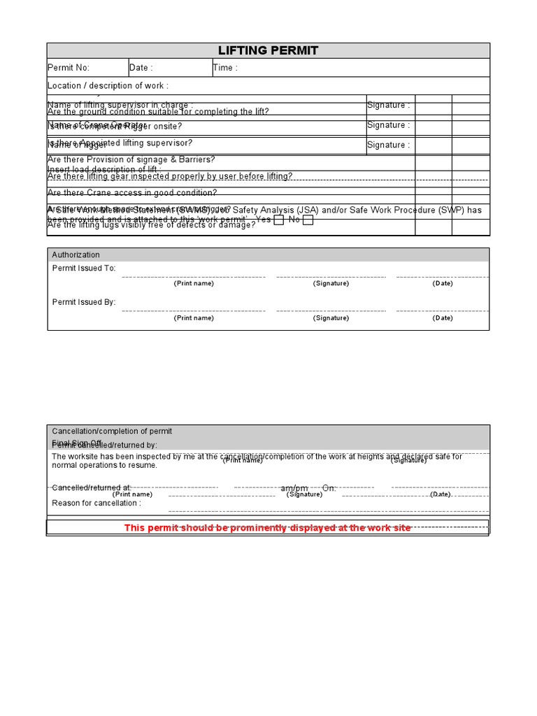 Lifting Permit Safety Requirements | PDF | Crane (Machine) | Prevention