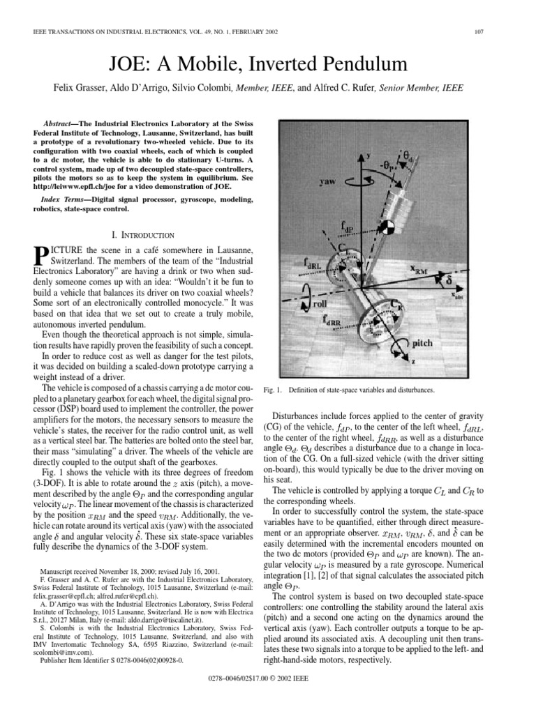 JOE: A Mobile, Inverted Pendulum | PDF | Electric Motor | Rotation ...