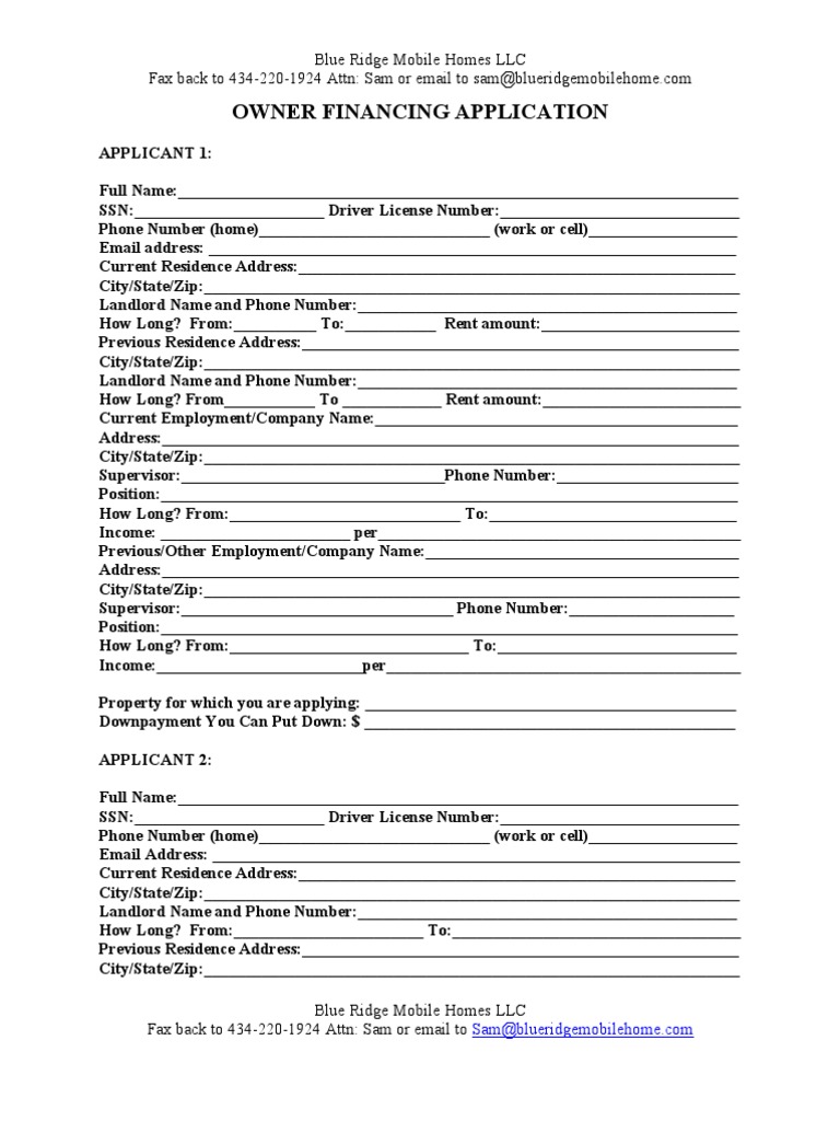 Owner Financing Application PDF Mobile Home Home & Garden