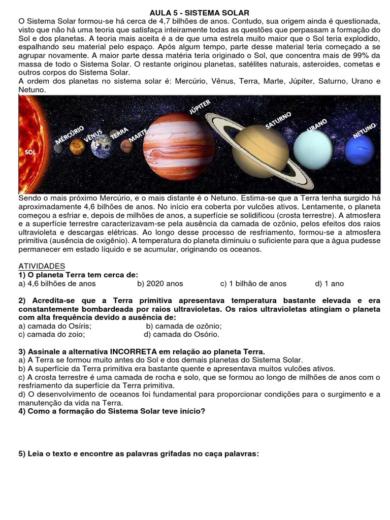 Atividades sobre o Sistema Solar 6º Ano | PDF | Sistema Solar | Terra