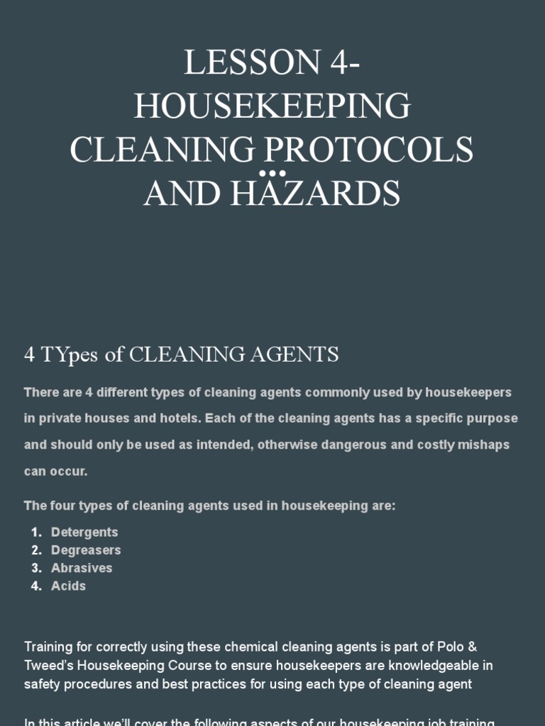 HK1 - Housekeeping Cleaning Protocols and Hazards | PDF | Abrasive ...