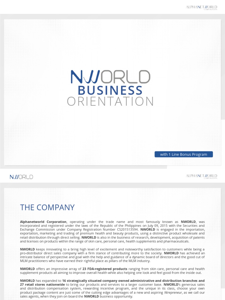 NWORLD Business Orientation Overview | PDF | Multi Level Marketing | Sales