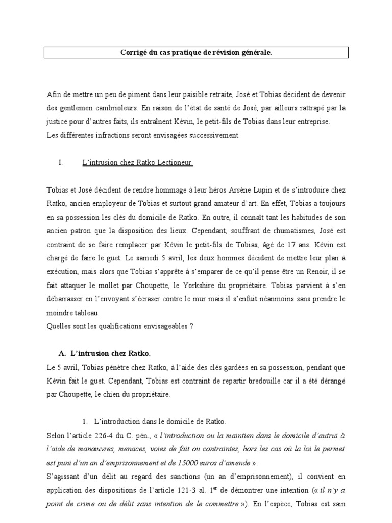 Cas Pratique Droit Des Contrats L2 Corrigé Droit Pénal, L2 Droit, Corrigé Du Cas Pratique de Révisions Générales | PDF  | Complice | Droit comparé