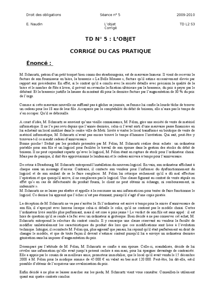 Exemple De Cas Pratique Corrigé En Droit Civil L1 Droit Des Obligations, Corrigé Cas Pratique, L'objet | PDF | Sodles |  Gouvernement